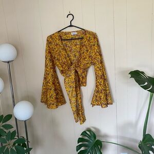 Tree of Life Mustard Floral Bell Sleeve Blouse